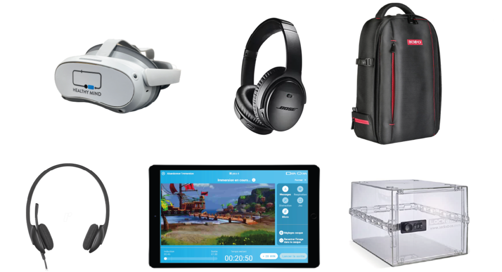 Introducing our packaging consisting of a virtual reality headset, a Bose audio headset, possibly a microphone, a tablet and a carrying case.